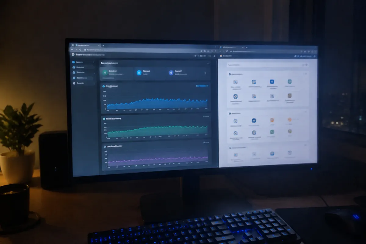 a phone held up photographing a monitor showing a VPS cloud console with resource usage graphs next to a cPanel-style grid of icons, night t