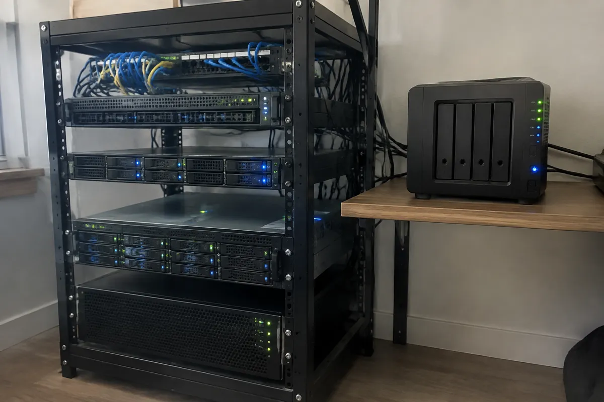 a small server rack with several stacked units and blinking LEDs next to a single mini home server on a shelf