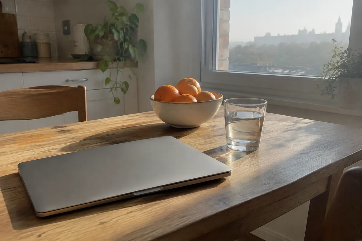 a sunlit kitchen table with a laptop closed, a bowl of oranges and a glass of water