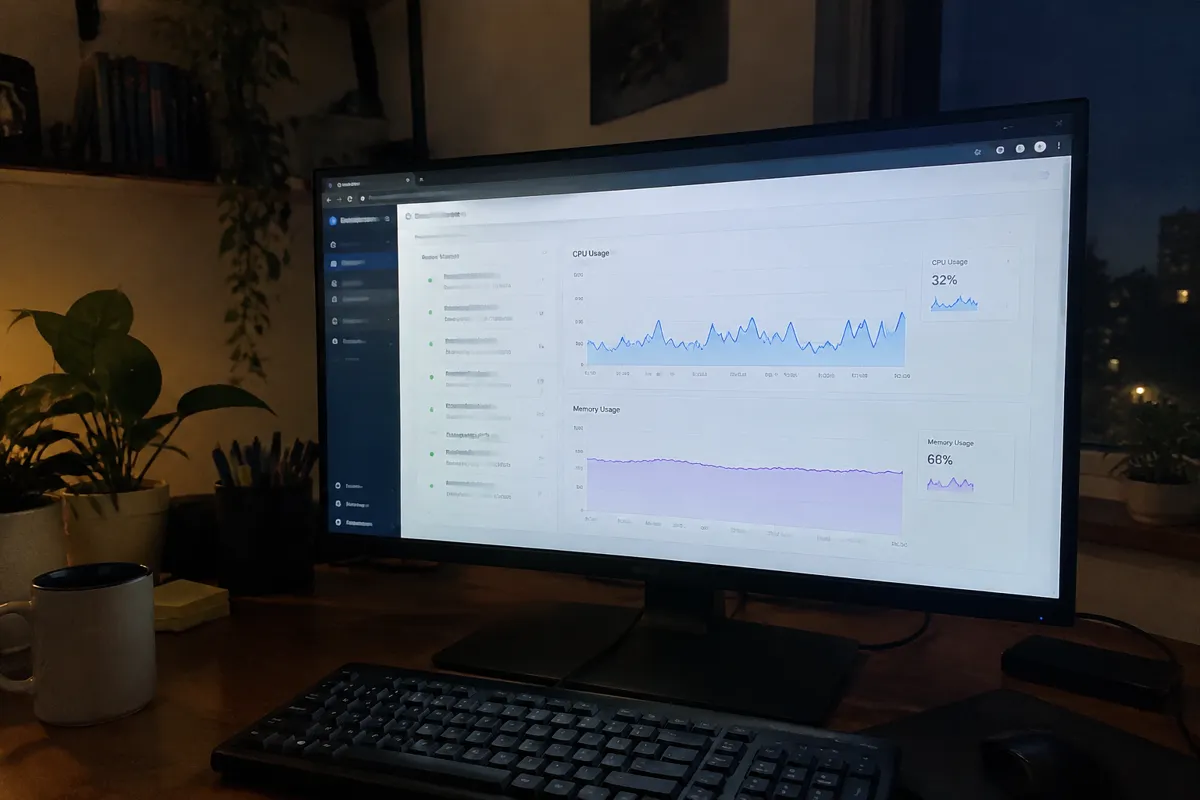 a hand holding a phone photographing a monitor showing a VPS cloud console with CPU and memory usage graphs, techy home office at night