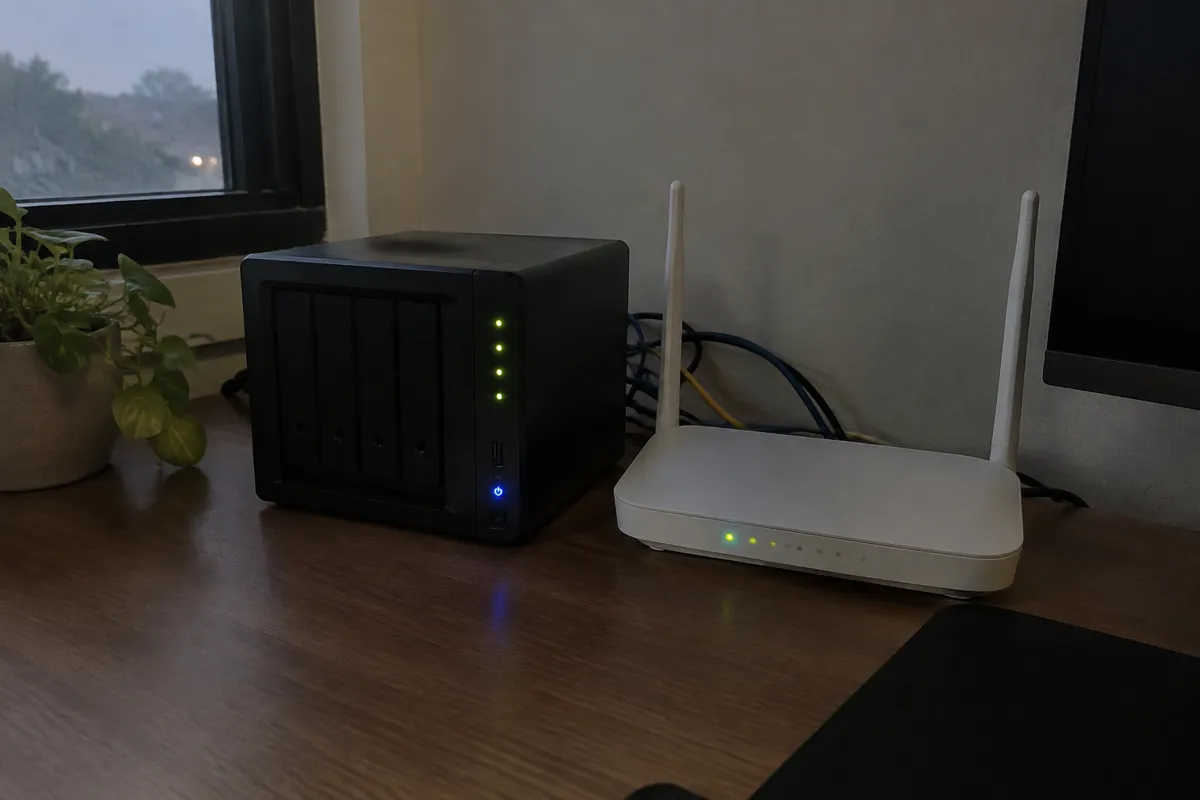 a mini home server with blinking LEDs sitting beside a plain router on a desk, cables running behind, dim evening light