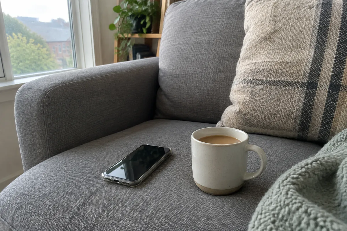 a sofa with a phone and a mug of coffee on the cushion beside it, afternoon window light