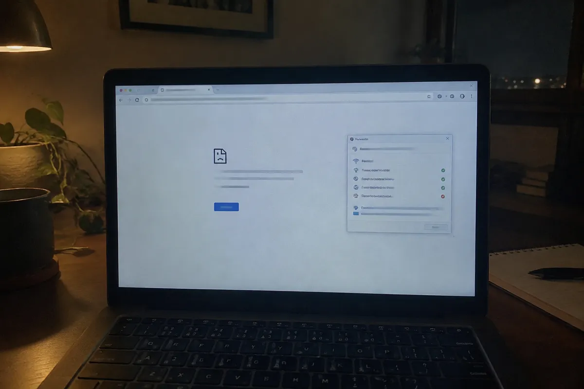 a phone held up photographing a laptop screen showing a browser error page with a sad-face style icon and a network diagnostics window, a di