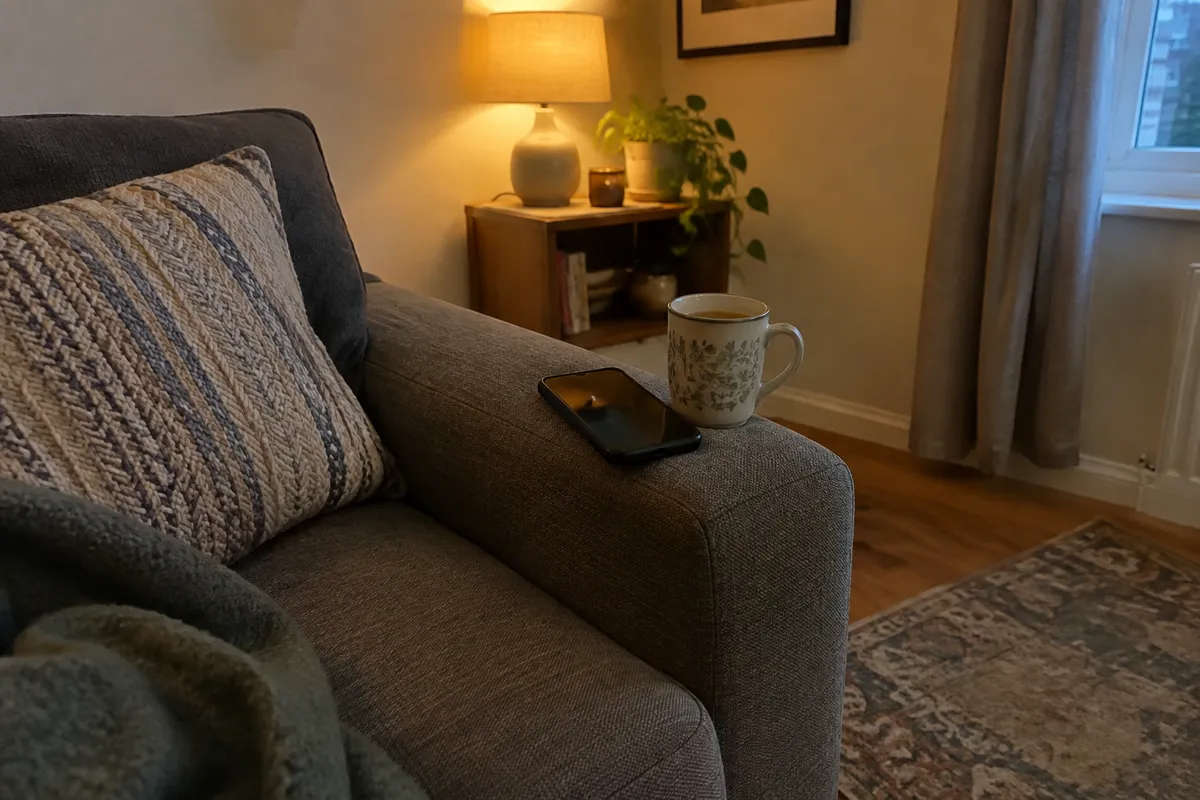 a sofa with a phone on the armrest and a mug of tea, soft evening lamp light
