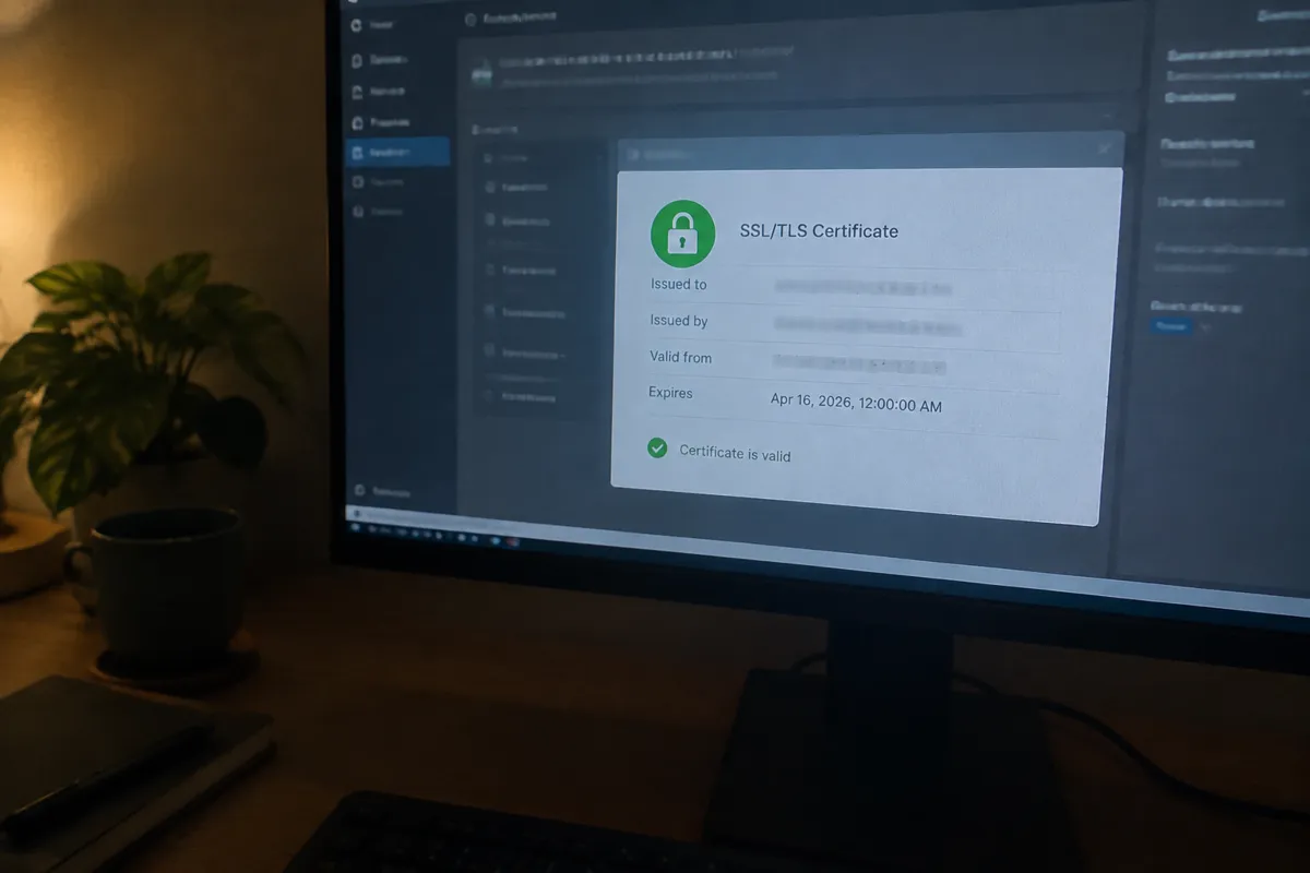 a hand holding a phone photographing a monitor showing an SSL/TLS certificate panel with a padlock icon and an expiry date field, a dim home