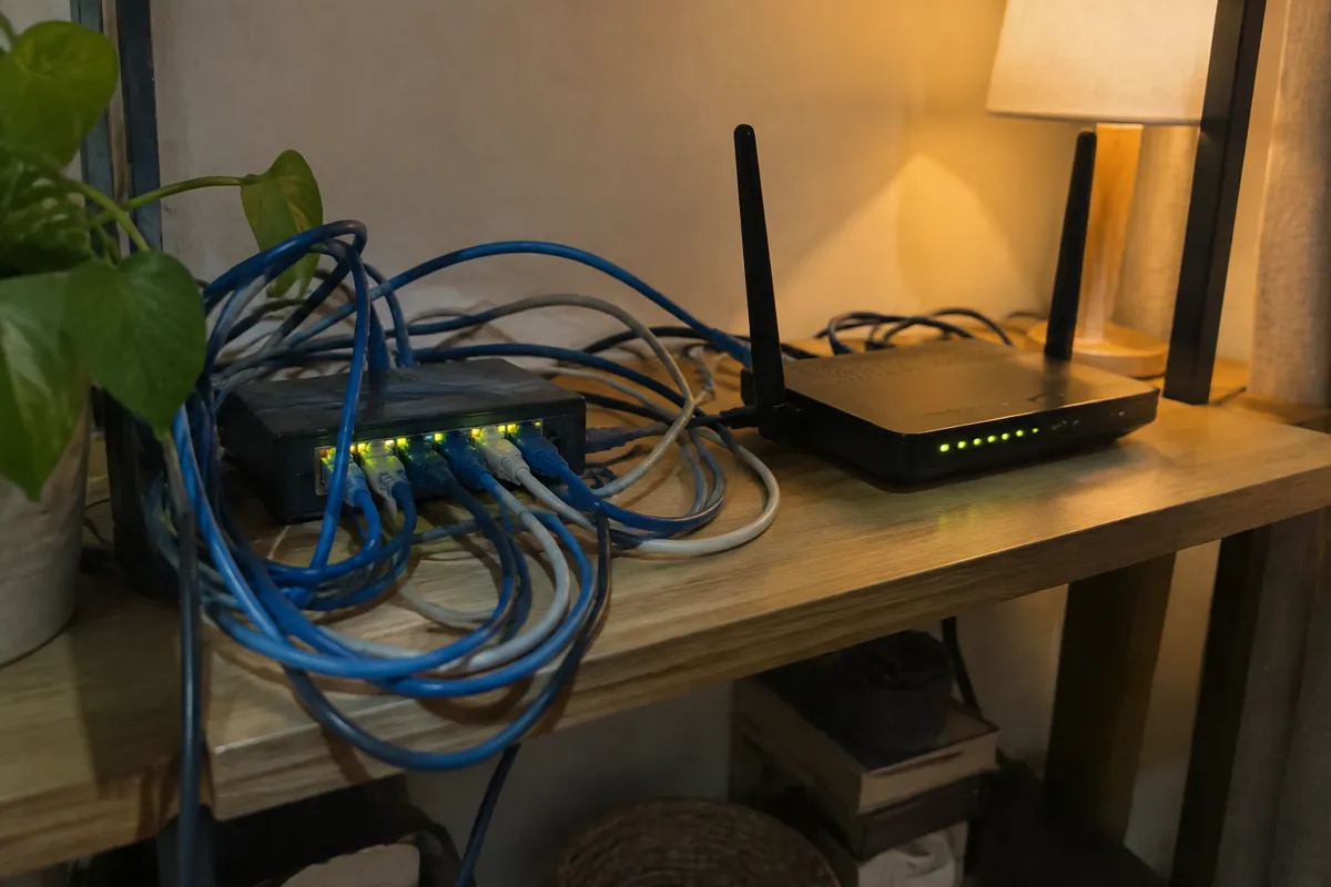 a tangle of ethernet cables beside a router and a small switch with blinking LEDs on a shelf, soft lamp light