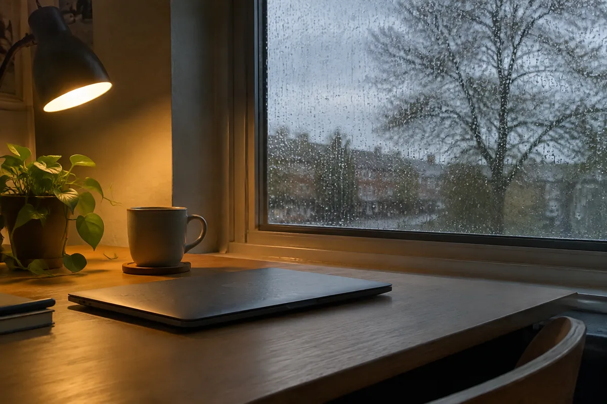a rainy window by a desk lamp with a closed laptop and a mug on the desk, moody afternoon light