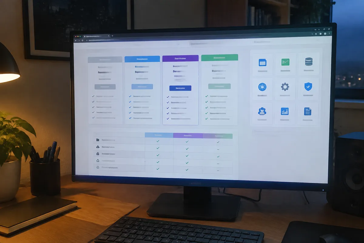a phone held up photographing a monitor showing a hosting plans comparison page with several columns and a control panel icon grid, evening 