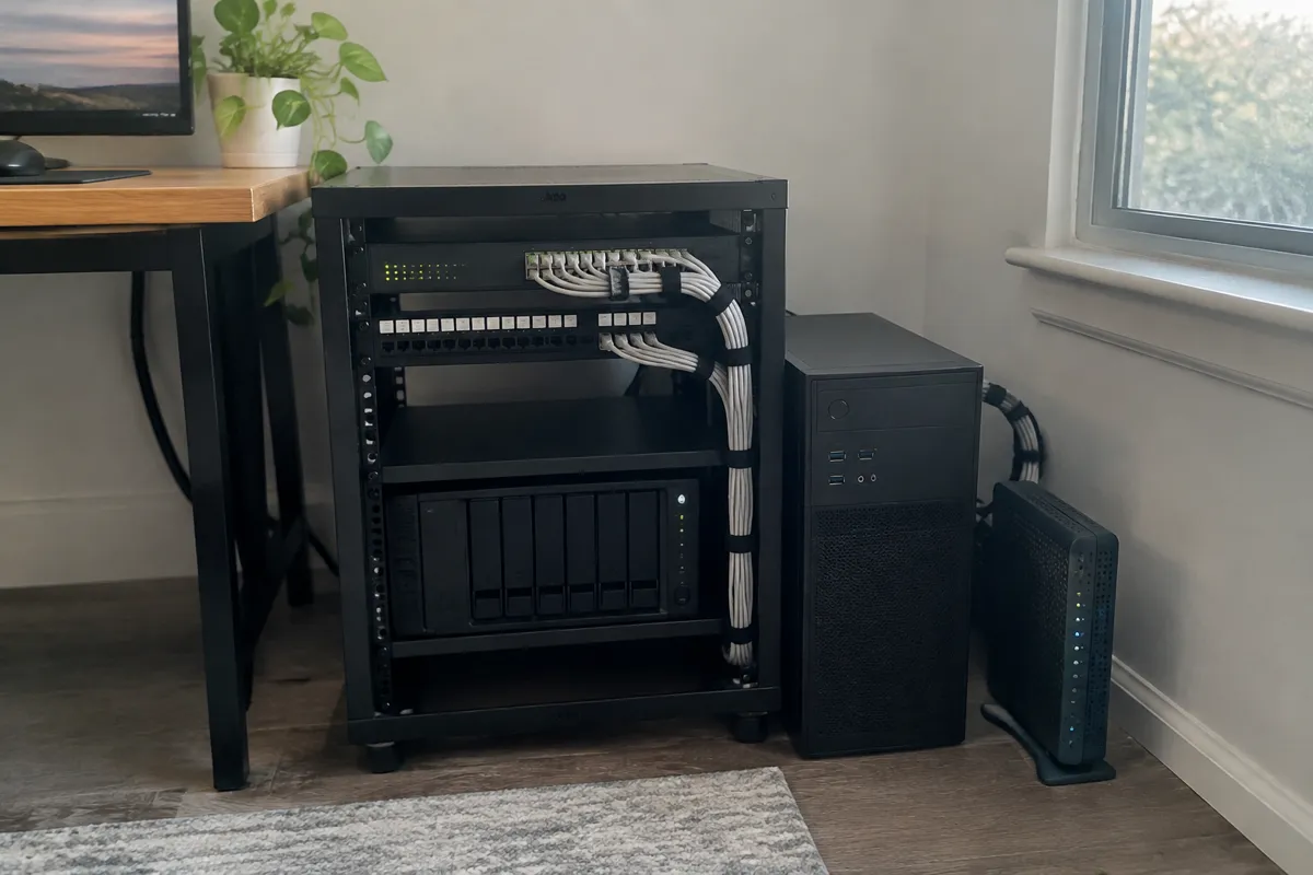 a small server rack beside a desktop tower and a modem, cables neatly tied with velcro