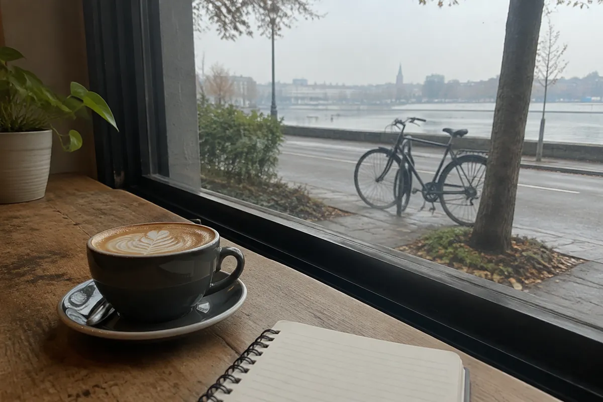 a cafe window seat with a coffee, a notebook and a bicycle visible outside