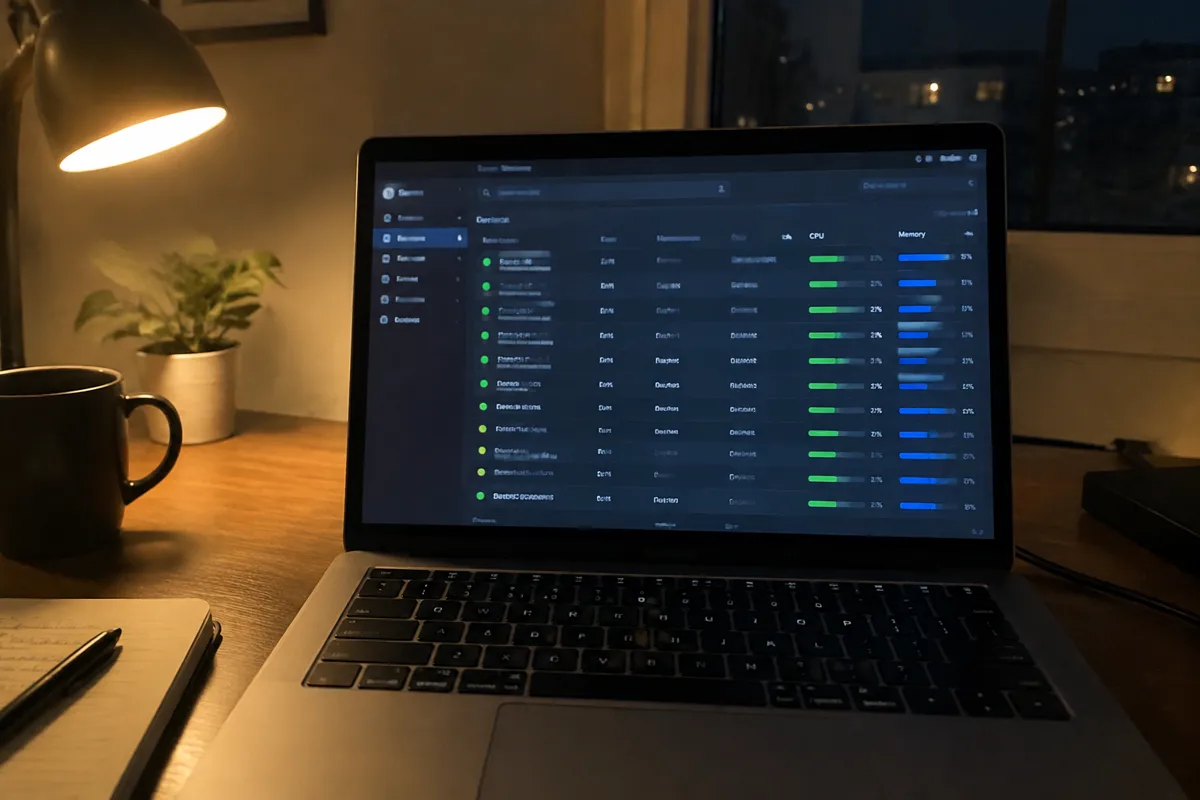 a hand holding a phone photographing a laptop showing a VPS console with a server list, CPU and memory usage bars, night time home office wi