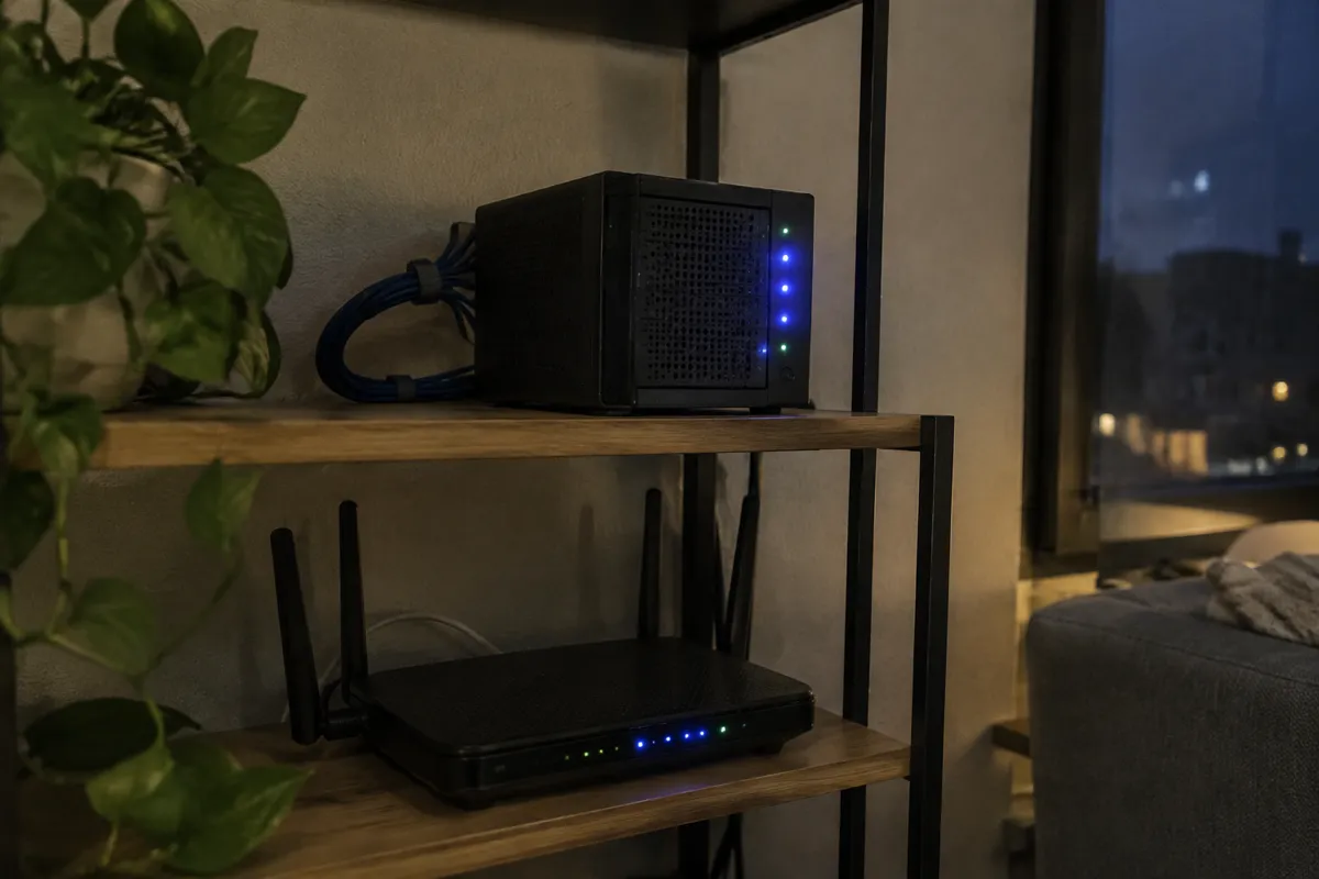 a mini home server with blinking LEDs sitting on a shelf above a router, short cables looped neatly, dim evening room