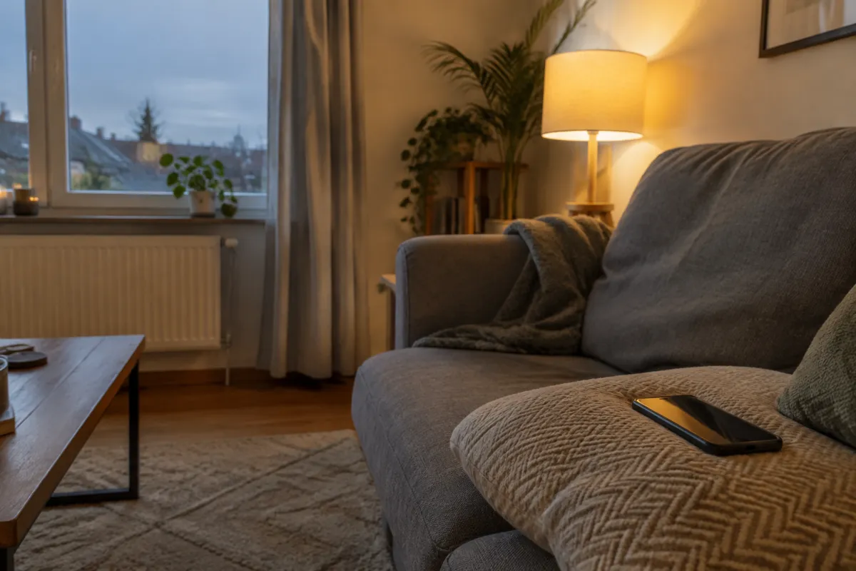 a sofa with a phone resting on a cushion beside a warm lamp, quiet evening living room