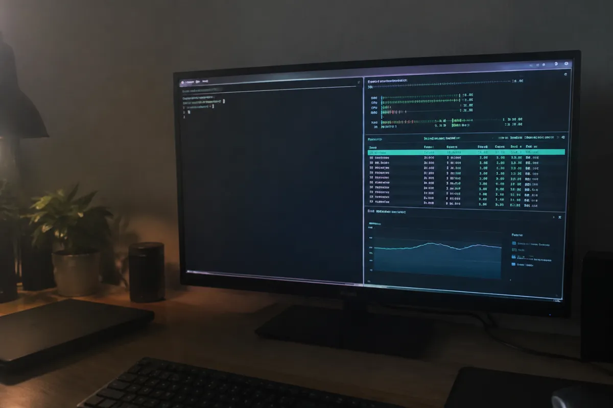 a phone held up toward a monitor showing a terminal window with a command prompt and a resource usage panel in a VPS console, dim home offic