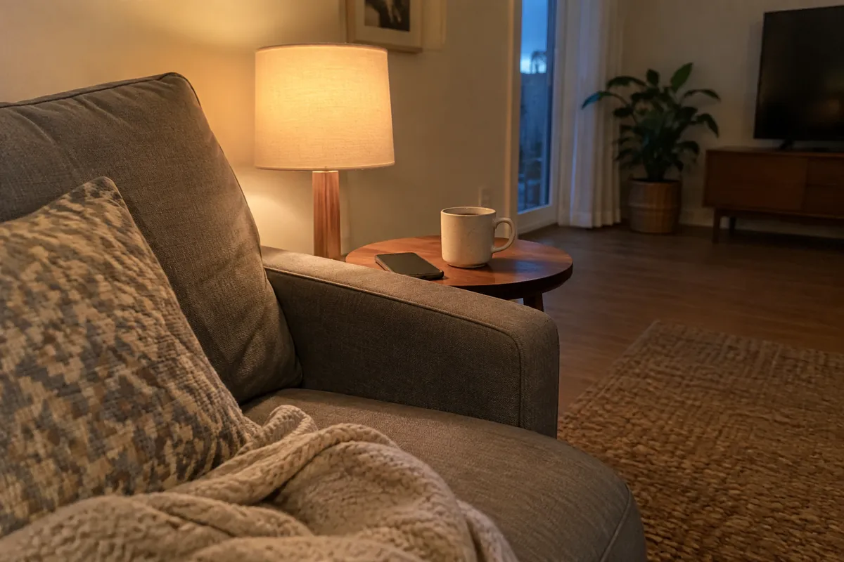 a sofa with a phone and a mug of coffee on a side table, evening lamp light