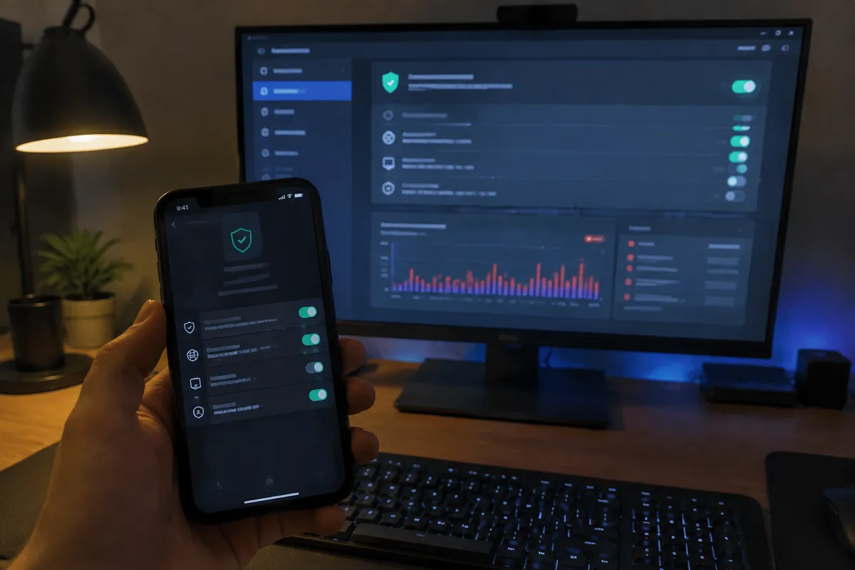 a hand holding an iPhone up to a monitor at night in a techy home office, the monitor showing a firewall settings panel with toggles and a b
