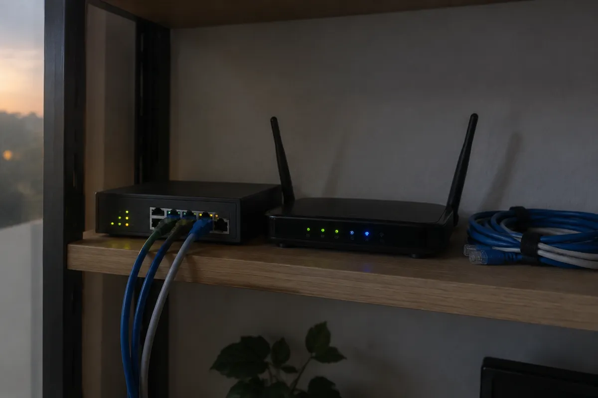 a small network firewall appliance and a router with blinking LEDs on a shelf, patch cables looped neatly beside them, dim evening light