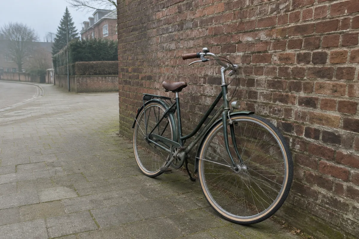 a bicycle leaning against a brick wall in soft overcast light, a paved street, muted tones