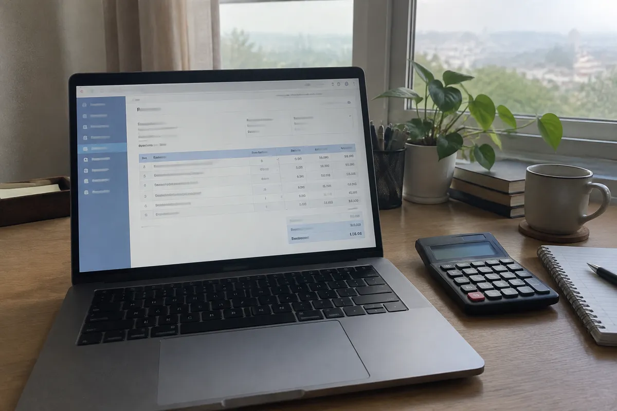 a phone held up photographing a laptop showing a billing and invoice page with a table of line items and totals, home office desk with a cal