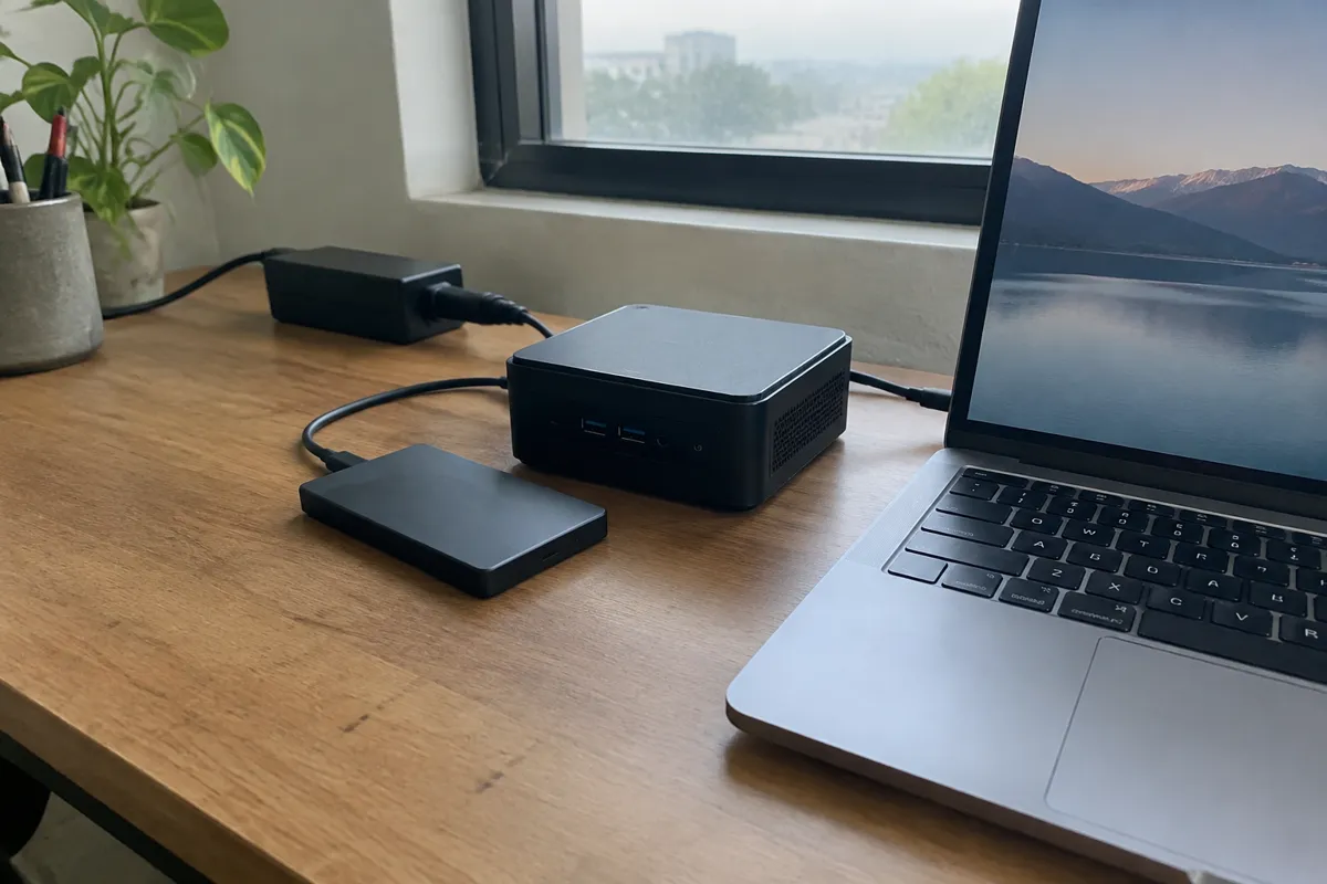 an external drive and a small mini PC next to a laptop on a wooden desk, a power adapter and cable