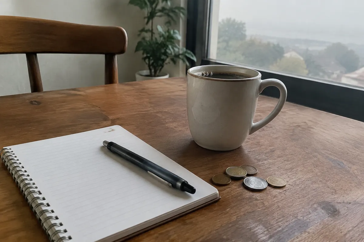 a notebook and a pen beside a coffee cup and a few coins on a wooden table, soft light