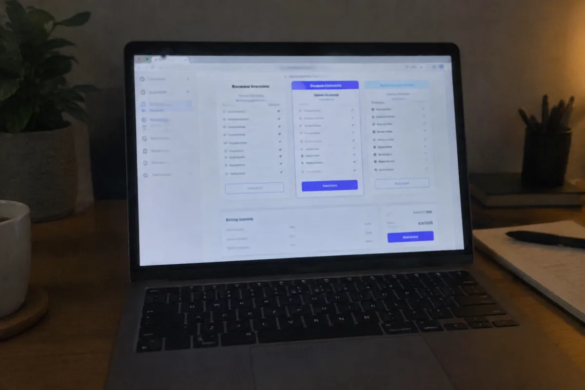 a phone held up photographing a laptop showing a hosting plan comparison page with feature rows and a billing summary, desk in a dim home of