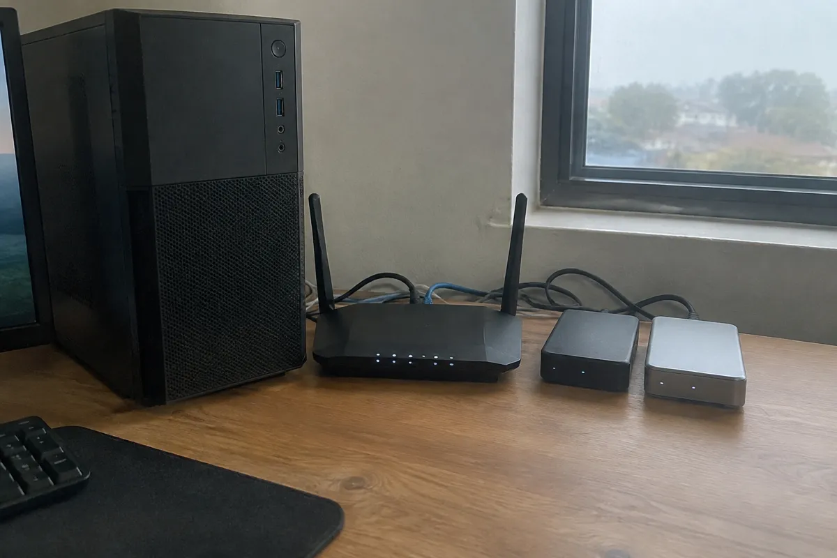 a desktop tower, a router and a pair of external drives lined up on a desk, cables loosely coiled