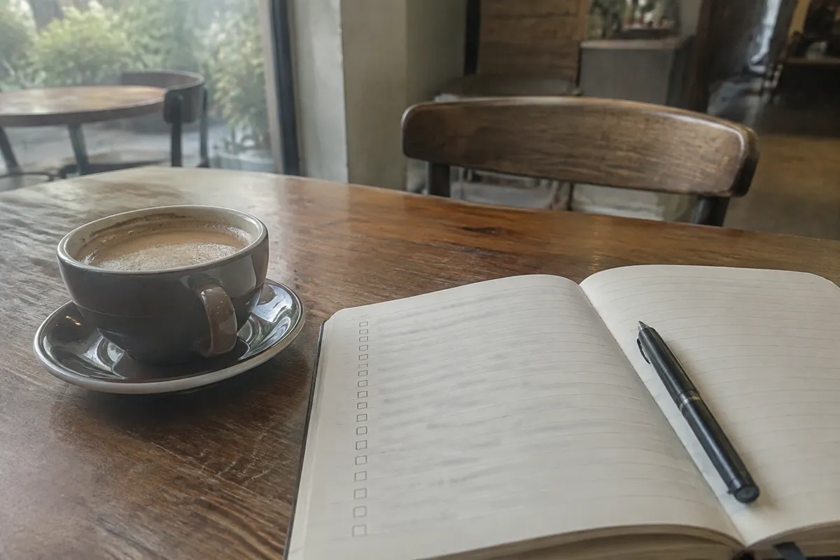 a cafe table with a notebook open to a handwritten tick-list shown without legible text, a coffee cup beside it