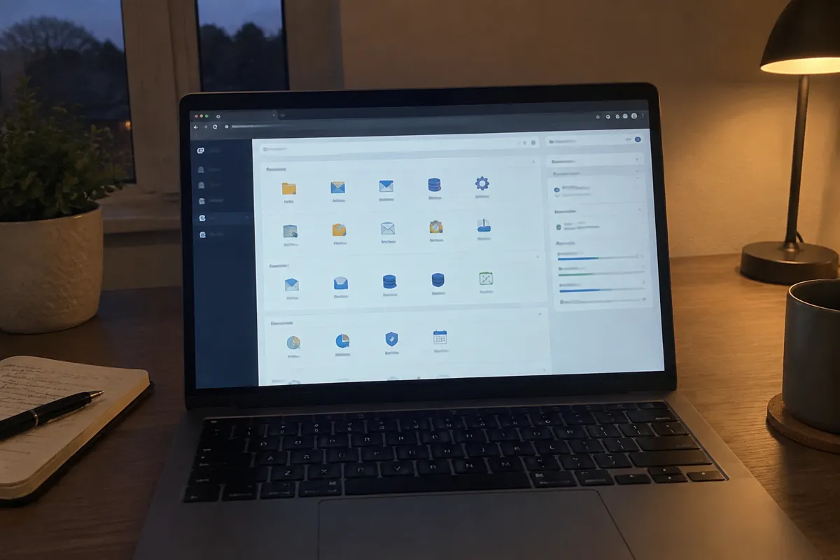 a hand holding a phone photographing a laptop showing a cPanel-style hosting control panel with a grid of icons, evening home office desk