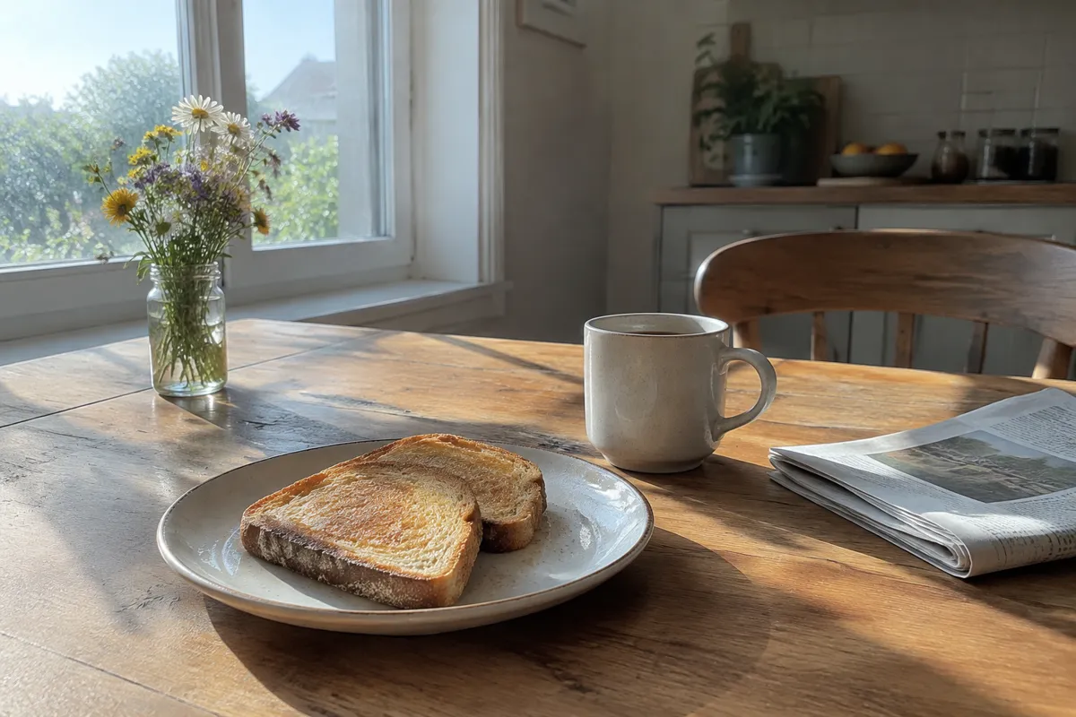 a sunlit kitchen table with a plate of toast, a mug and a folded newspaper, bright morning