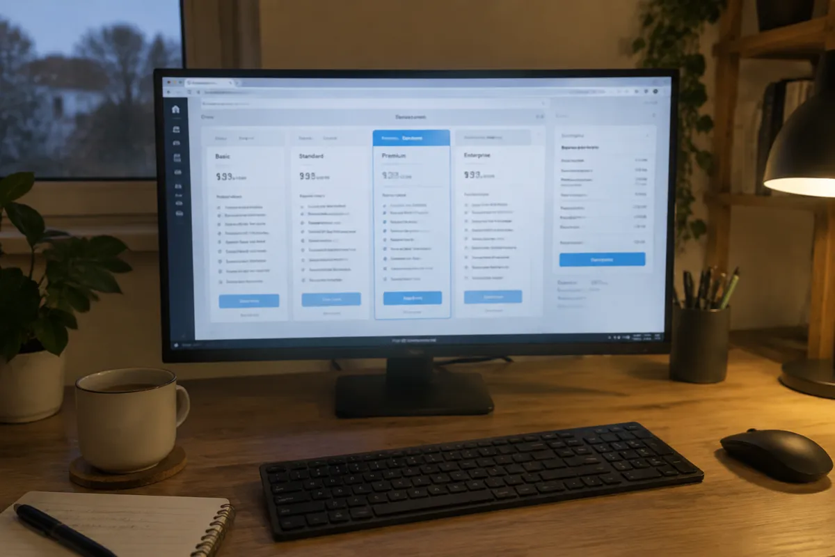 a phone held up photographing a monitor showing a hosting plan comparison page with several pricing columns and a billing summary, a home of