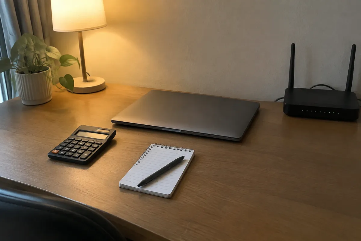 a calculator, a small notepad and a closed laptop next to a router on a desk, lamp light