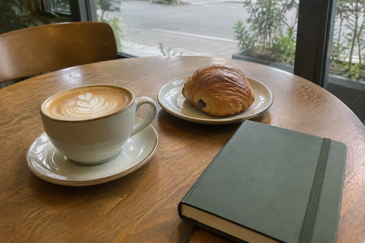 a cafe table with a coffee, a pastry on a small plate and a notebook, soft daylight
