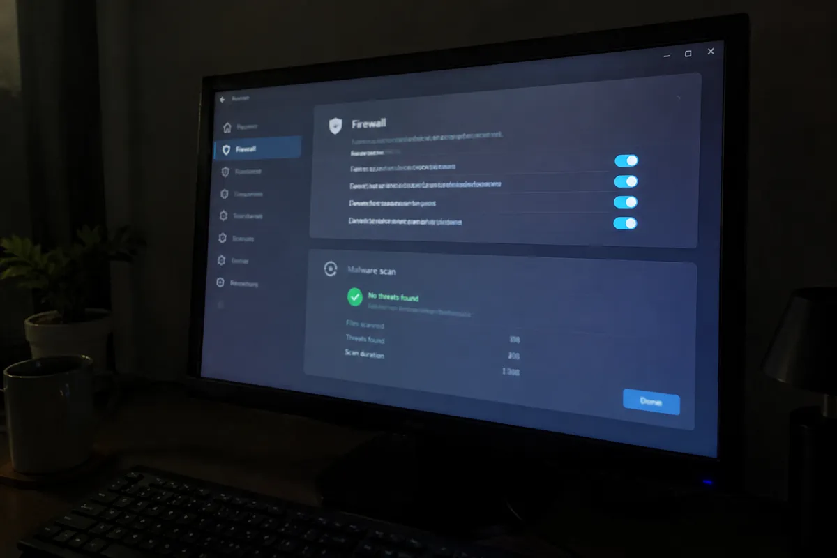 a hand holding a phone photographing a monitor showing firewall settings with toggles and a malware scan result panel, a dark home office li