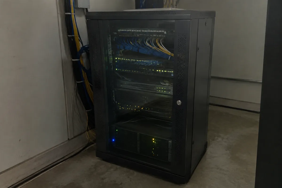 a small server rack with a locked door panel, blinking LEDs and bundled cables in a spare room, dim light