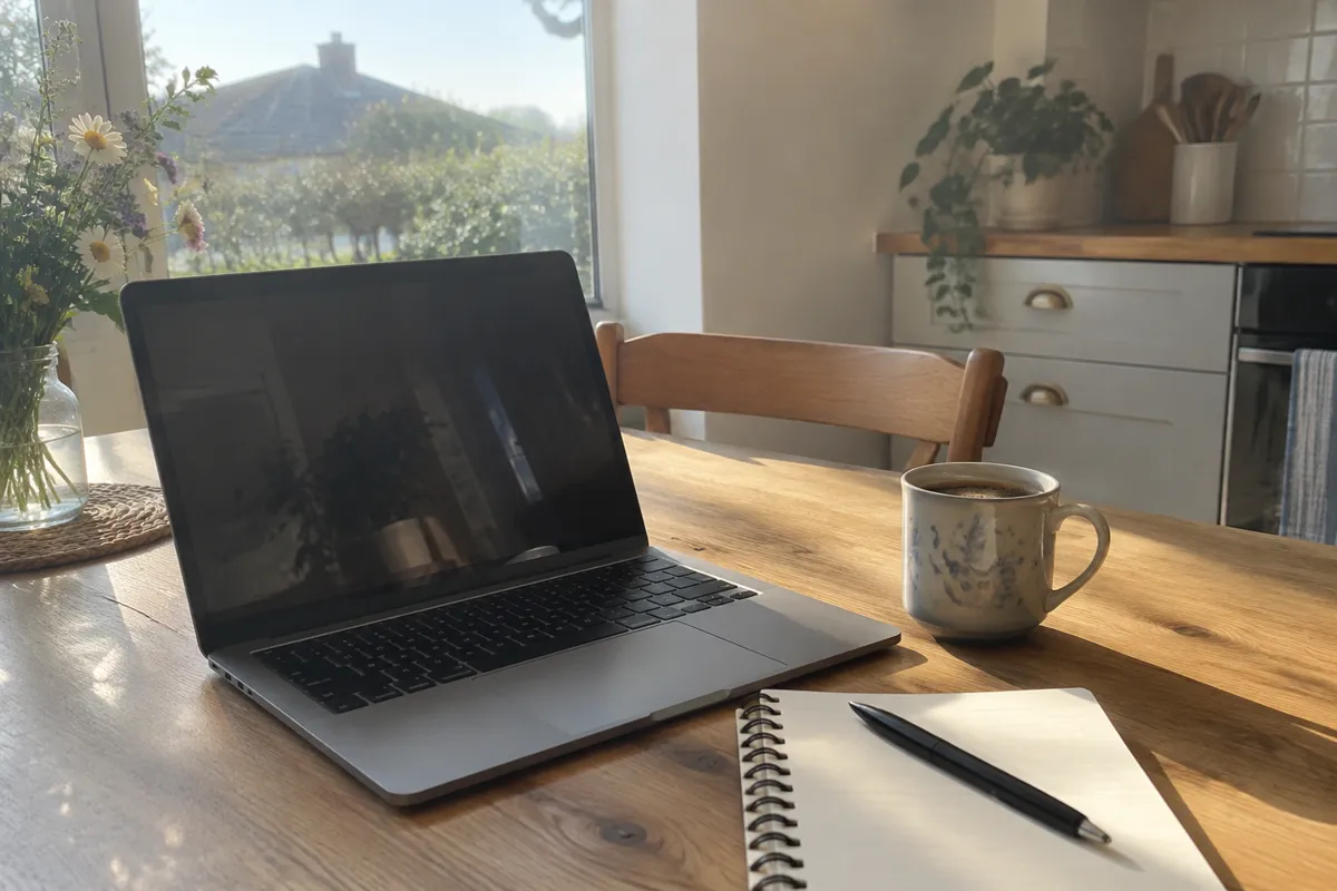 a sunlit kitchen table with a laptop, a notebook and a mug of coffee, bright morning light