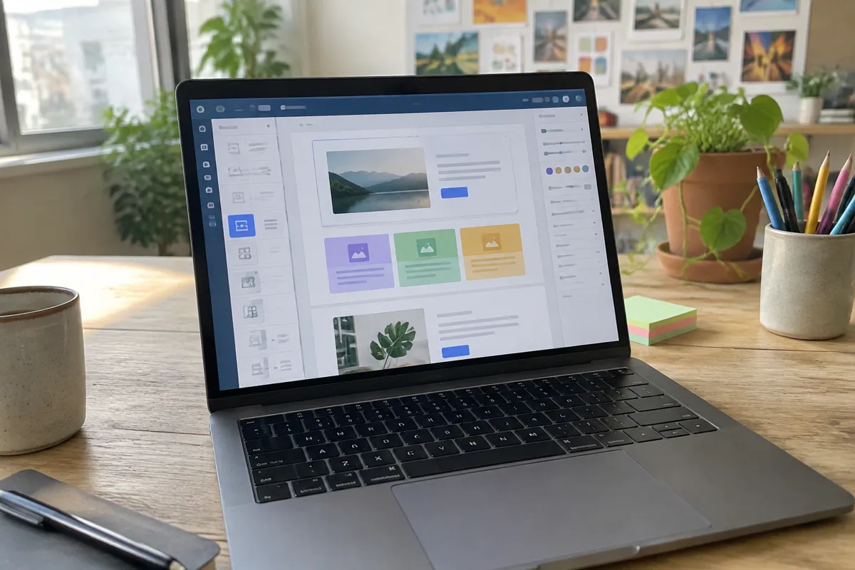 a phone held up photographing a laptop showing a drag-and-drop page builder canvas with colourful blocks, bright creative studio