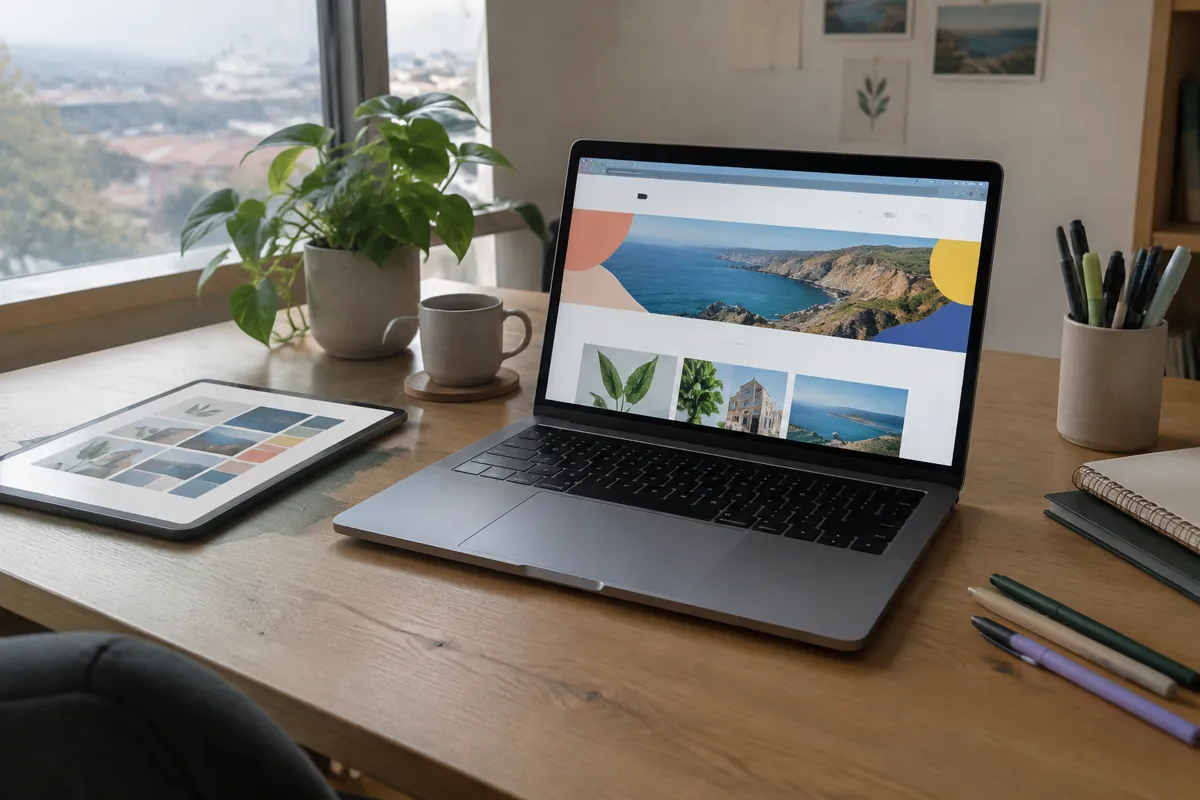 a designer's desk with a laptop showing a colourful website, a tablet mockup, pens and a small plant