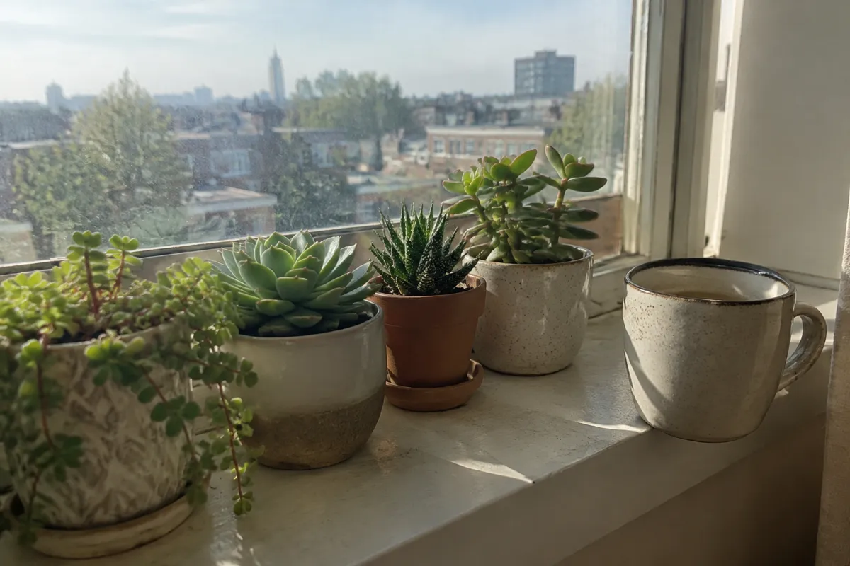 a sunlit windowsill with a row of small succulents and a ceramic mug