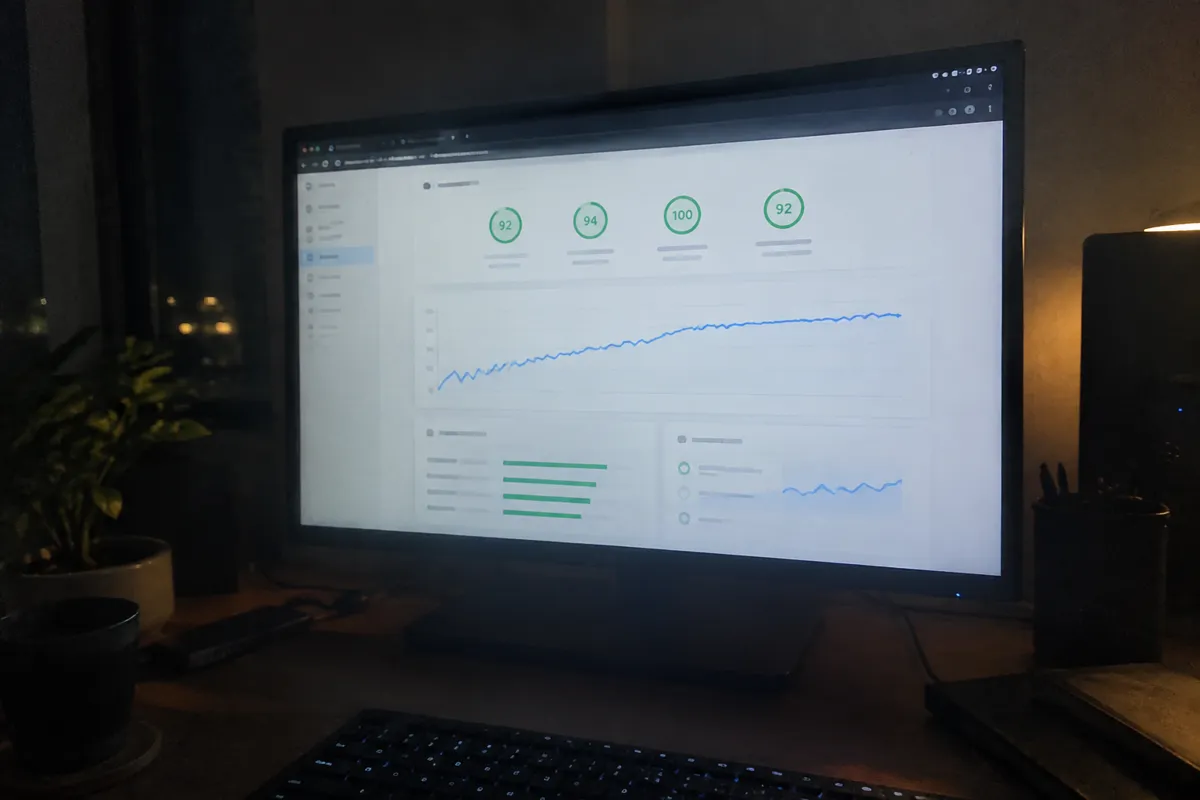 a hand holding a phone photographing a monitor showing a page speed result with a loading time graph and green gauge circles, dim techy home