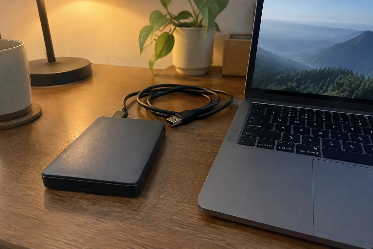 an external drive beside a laptop on a wooden desk with a coiled USB cable, desk lamp glow
