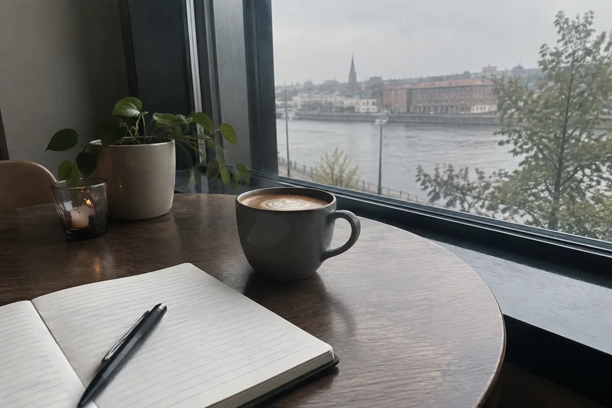 a notebook and coffee on a cafe table by a window, soft grey daylight
