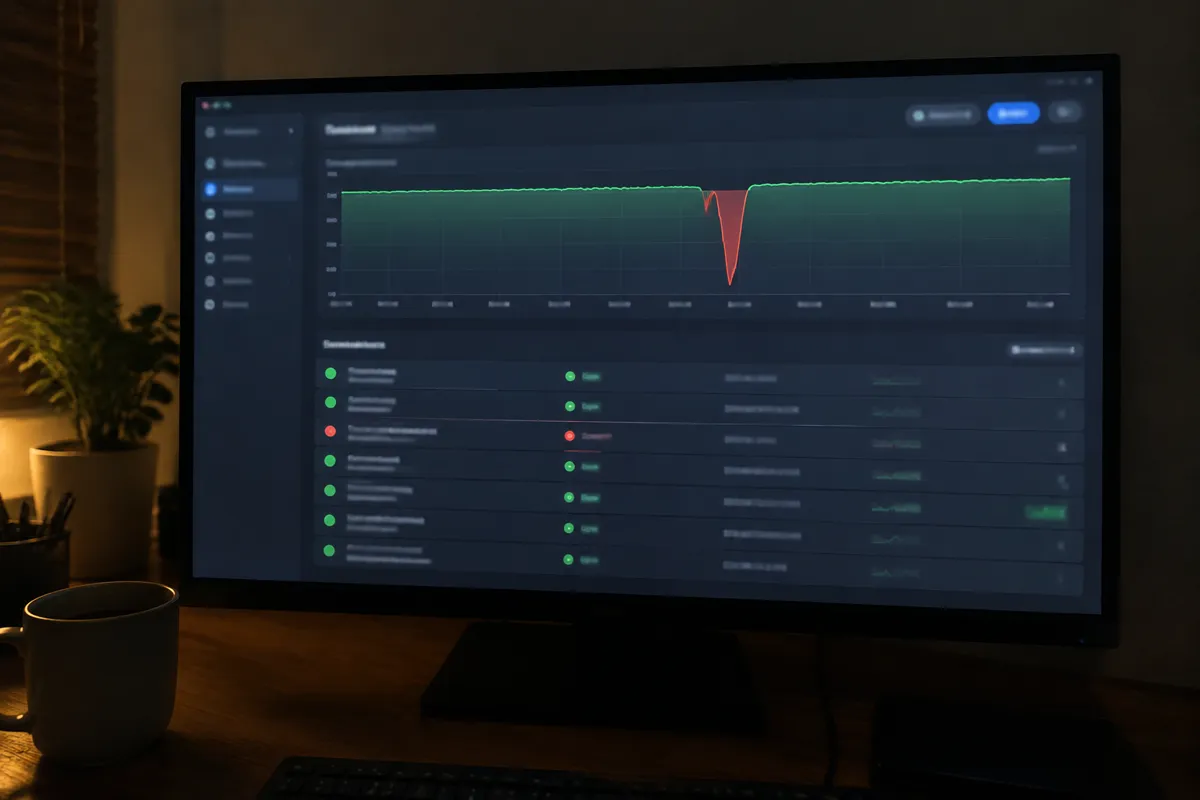 a phone held up toward a monitor showing an uptime monitor graph with a red dip and a list of status checks, dim home office late at night