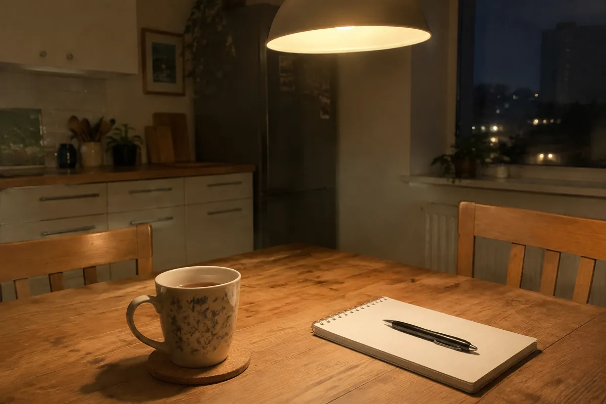 a kitchen table at night with a mug of tea, a notepad and a pen under a warm pendant light
