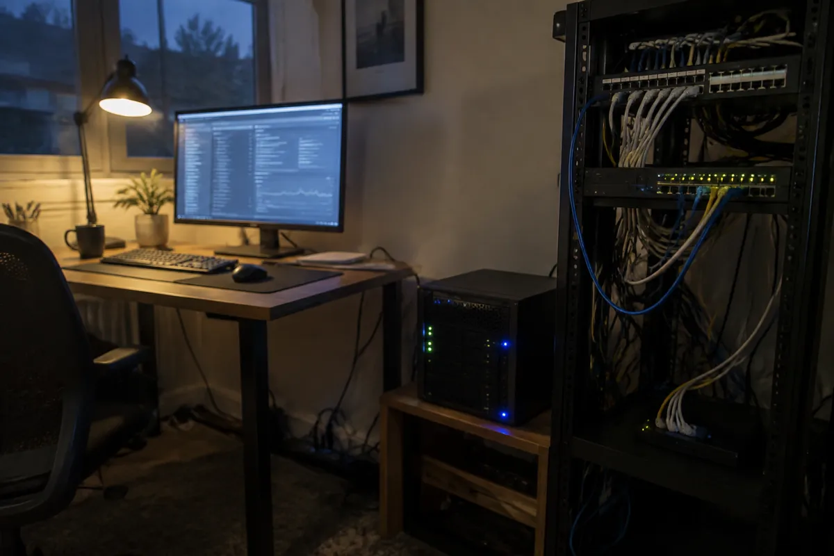 a mini server with blinking LEDs and a small rack with a patch panel in a home lab corner, dim evening light and a tangle of cables, a desk 