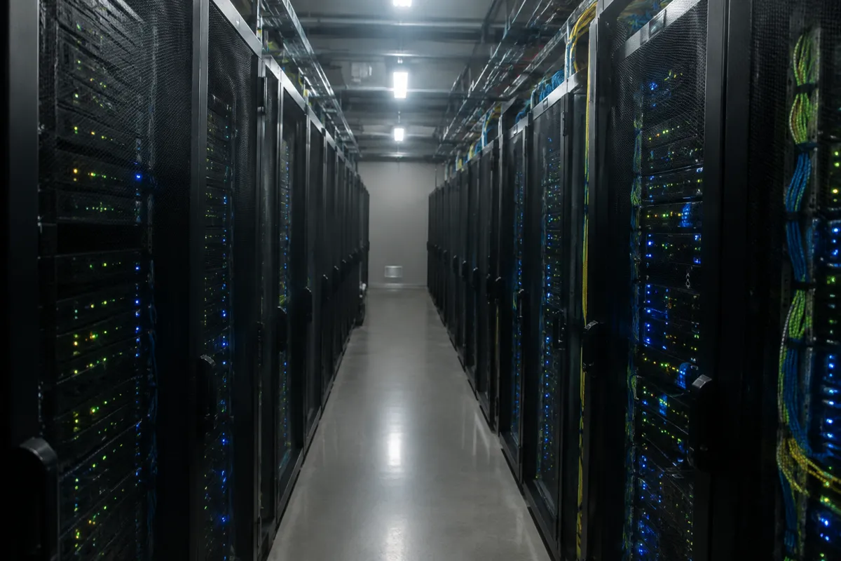 a long aisle between server racks with rows of blinking LEDs and neat cabling in a cool dim room, slightly blurred depth