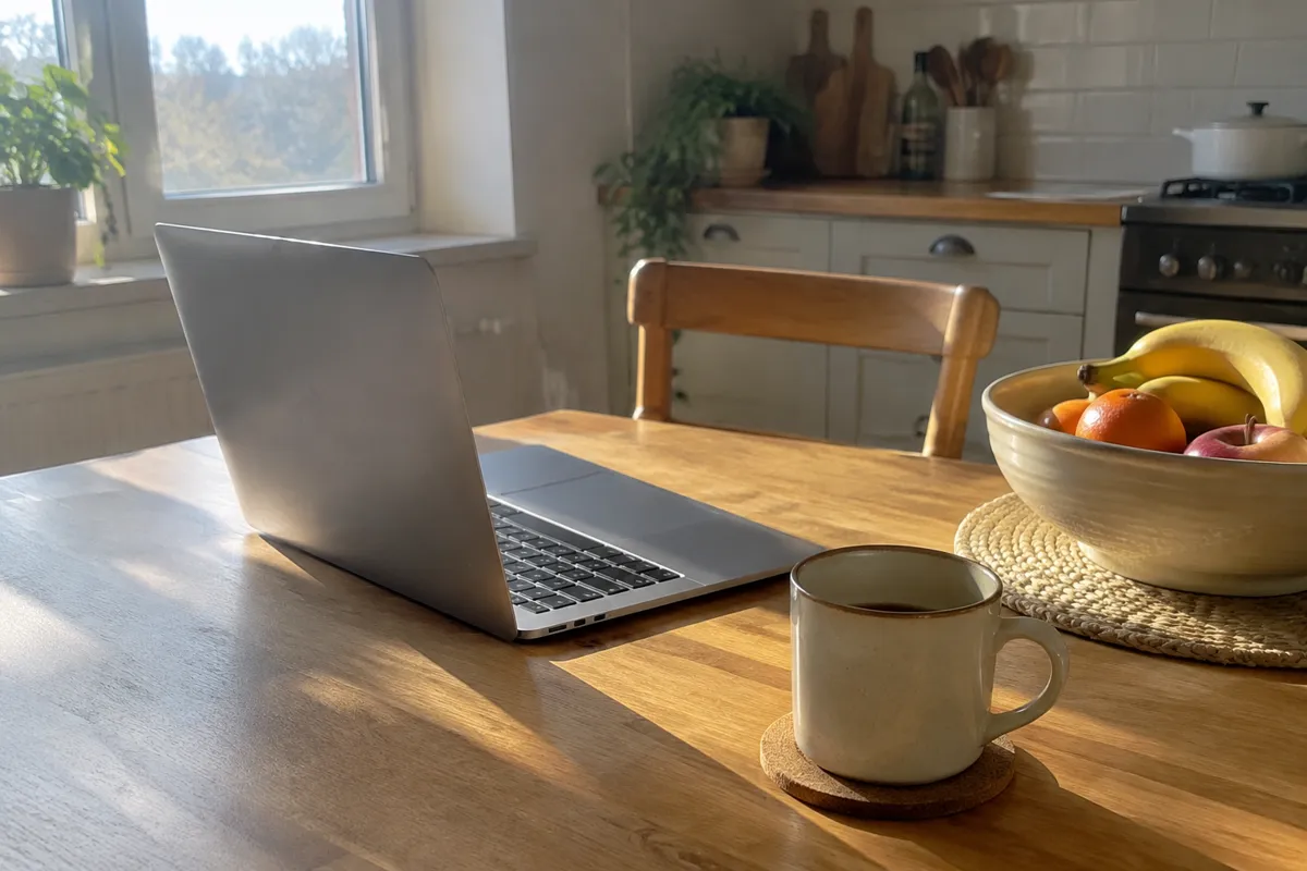 a sunlit kitchen table with a laptop, a fruit bowl and a mug, warm morning light