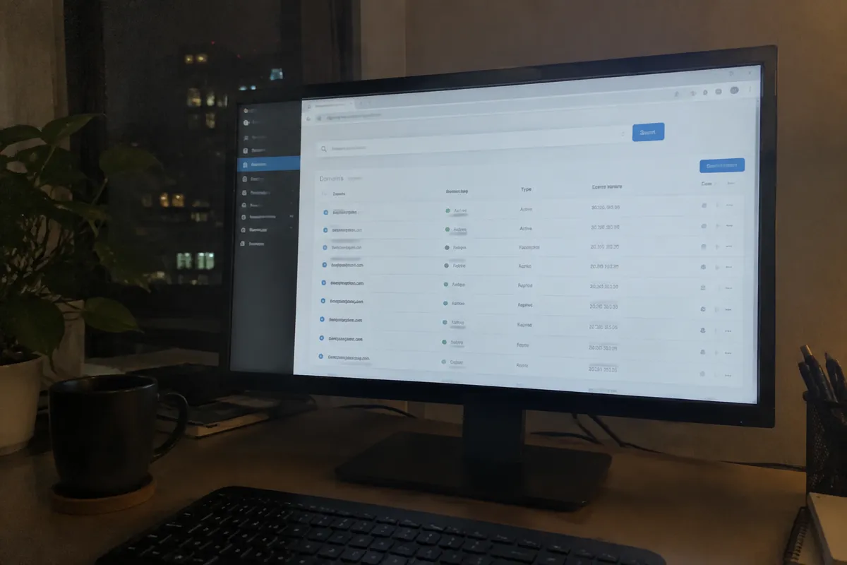 a phone held up photographing a monitor showing a domain registration and management screen with a search box and a list of domains, techy o