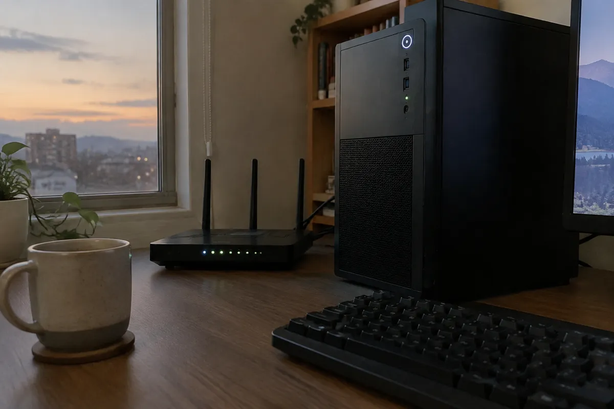 a desktop tower and a router on a desk beside a keyboard, small LEDs lit, a mug nearby, evening light