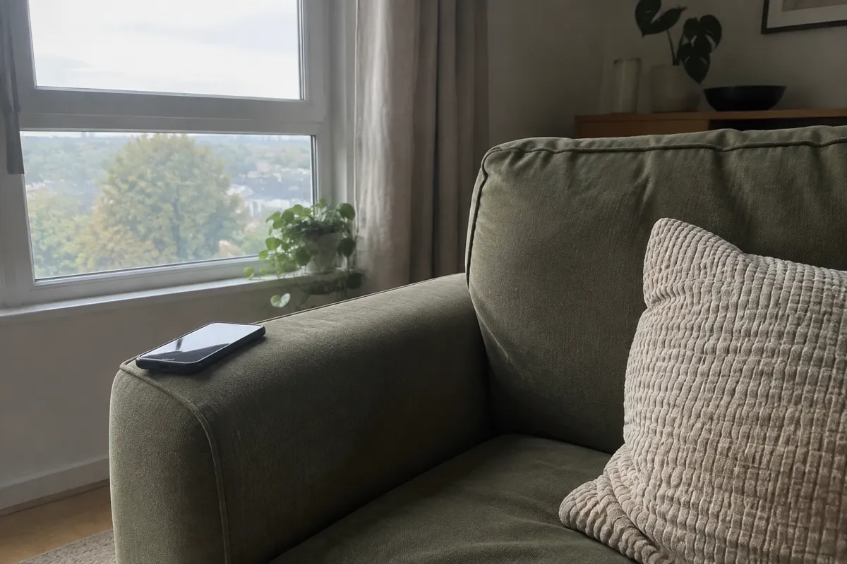a sofa with a phone resting on the arm and a cushion, window light in the afternoon